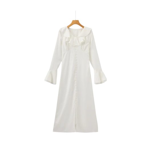 Pearl Button Ruffle Midi Dress