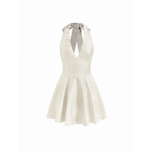 Jacquard Halter V-neck Lace Up Backless Ruffle Mini Dress