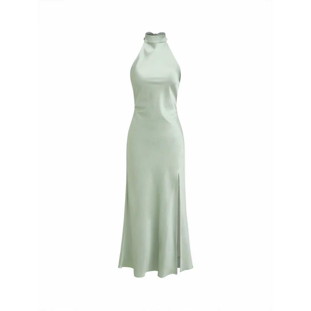Satin Halter Neck Wrap High Rise Mermaid Maxi Dress